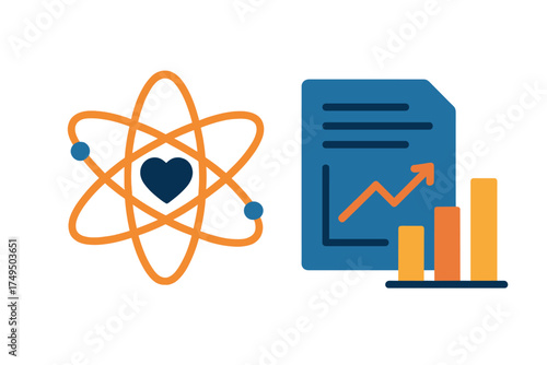Health science data analysis concept showing atom structure, heart, and statistical charts