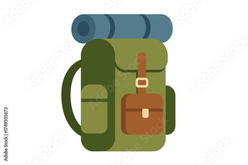 Camping backpack with sleeping roll isolated on white background for outdoor adventure