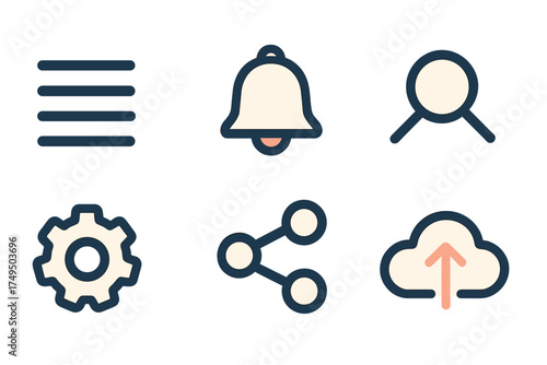 Modern collection of six essential user interface icons for web and mobile design
