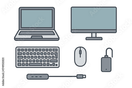 Essential computer devices and peripherals set featuring laptop desktop screen keyboard and mouse