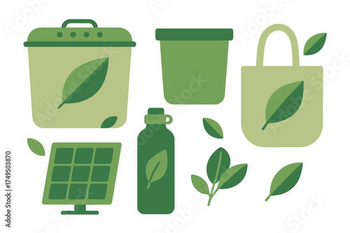 Set of sustainable living icons featuring recycling container, reusable tote bag, solar energy panel, and water bottle
