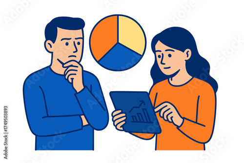 Business team analyzing financial data and pie chart using a digital tablet during a strategy meeting