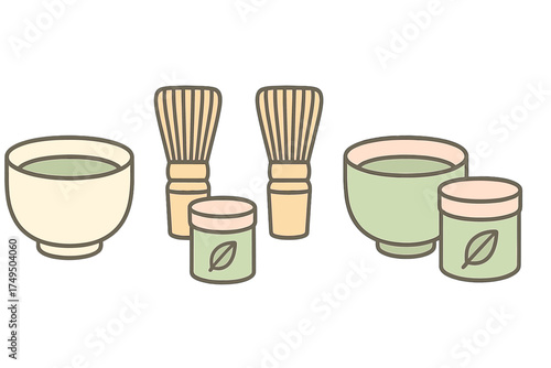 Traditional Japanese matcha tea ceremony tools including chawan bowls and chasen whisks