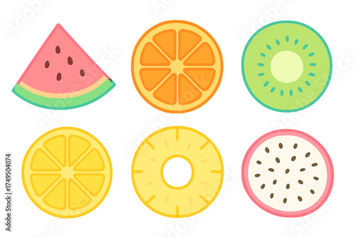 Vibrant set of tropical fruit slices including watermelon orange kiwi lemon pineapple and dragon fruit
