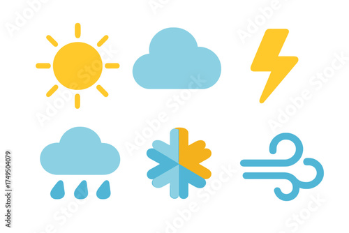Colorful weather forecast symbols showing sun, cloud, rain, lightning, wind, and mixed snow