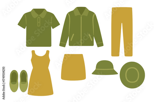 Assortment of casual fashion apparel including tops, bottoms, outerwear, shoes, and headwear
