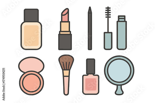 Essential makeup and beauty products including lipstick foundation mascara and blush set