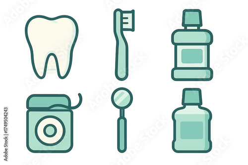 Dental care and oral hygiene items: tooth, toothbrush, floss, mouthwash