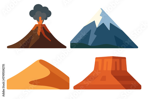 Set of four natural landform icons showing volcano, snowy peak, desert dune, and mesa