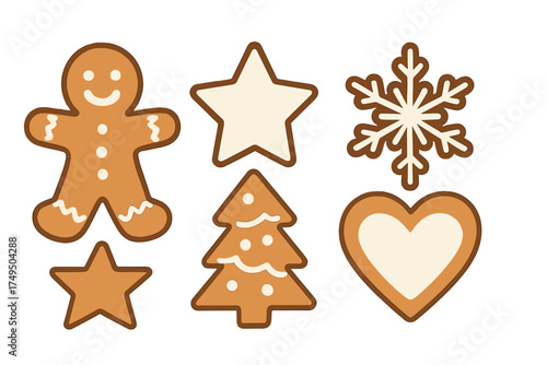 Festive collection of gingerbread cookies including smiling man, Christmas tree, snowflake, and heart shapes