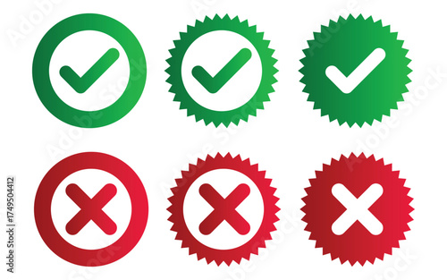 Set green approval check mark and red cross icons collection in circle and square, checklist signs, flat checkmark approval badge,  