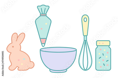 Pastel baking supplies with rabbit cookie, whisk, bowl, and sprinkles jar