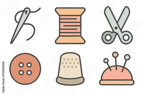 Essential sewing and tailoring tools set including needle, thread, scissors, button, thimble, and pincushion