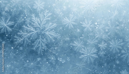 Delicate snowflake pattern on a soft blue Winter background with falling snowflakes and frosty designs.