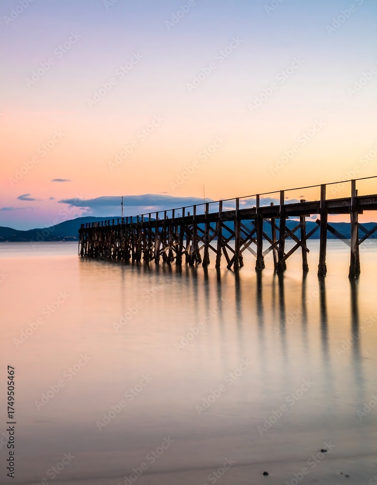 Obraz premium A long wooden pier stretches out over calm, reflective water toward the horizon at sunset. Gentle hues of orange and purple grace the sky