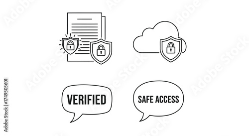Vector illustration of verified document, cloud security, and safe access icons ensure data protection with these essential security measures