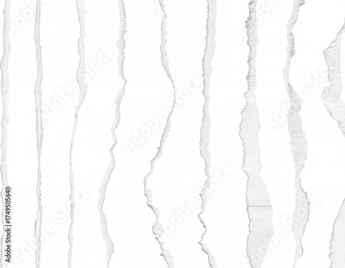 Abstract white background with multiple vertical torn paper edges creating rough, organic lines. Perfect for design mockups, stationery templates, or modern minimalist textures.