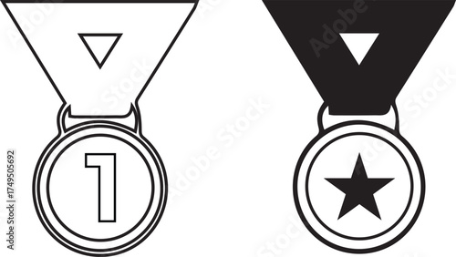 Set of two award medals for first place winner, one with number one and the other with a star, vector icon illustration for sports or business achievement