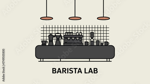 Illustration of a barista lab with coffee machines, cups, and lights against a grid background