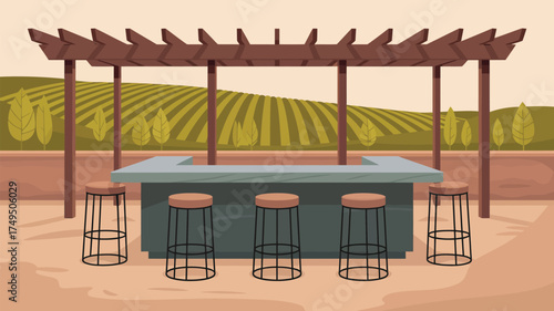An outdoor bar area with stools under a wooden pergola overlooking a field with trees in the background