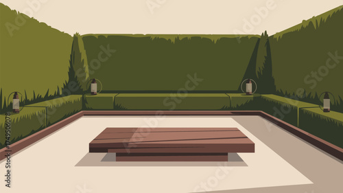A secluded outdoor lounge area with a wooden table and green hedges forming a private enclosure space