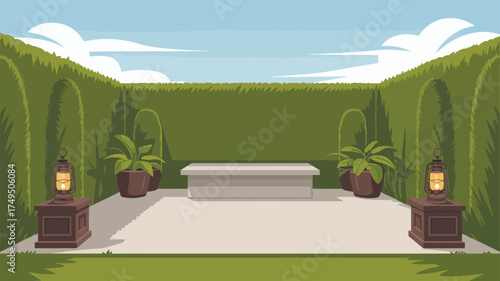 A cartoon image of a garden with a hedge wall, plants, lanterns, bench, and a light blue sky above