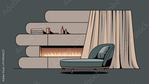 A modern living room interior with a chaise lounge fireplace and minimalist shelf design elements shown