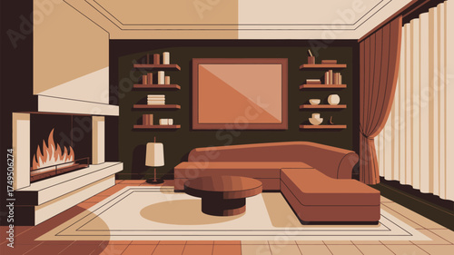 A cozy living room with a fireplace, couch, shelves, and a large window with curtains drawn shut