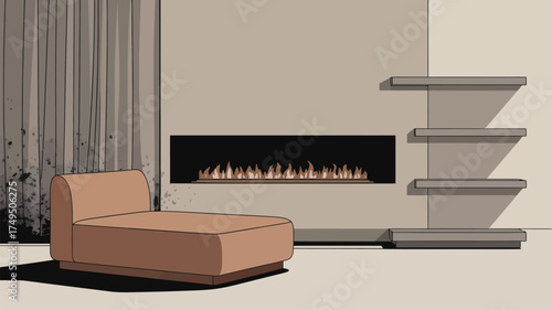 A modern living room featuring a chaise lounge a fireplace and floating shelves in a minimalist style