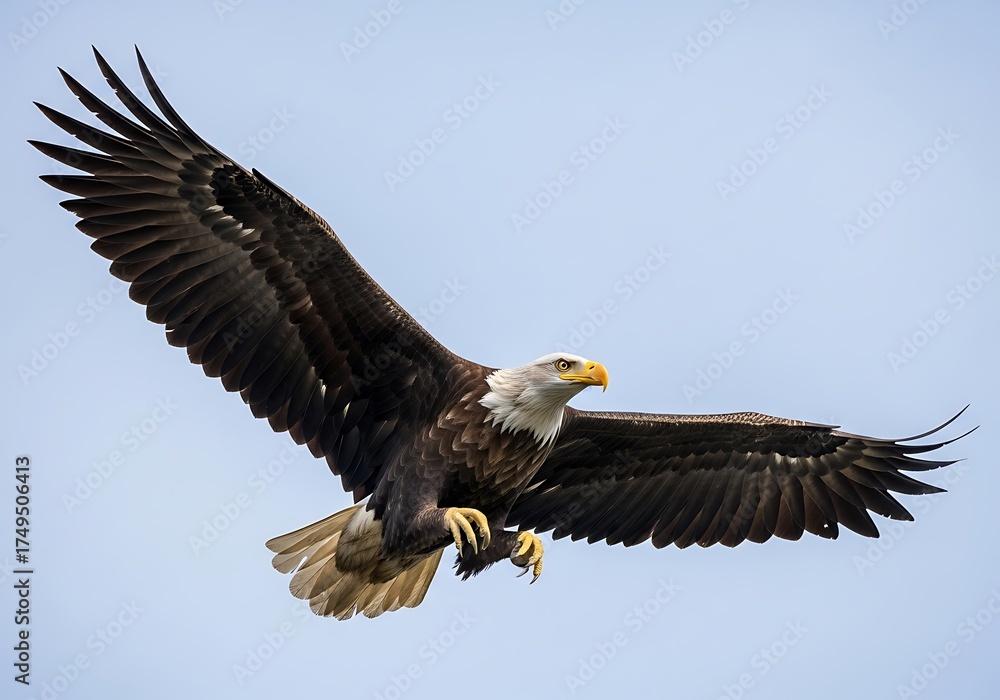 Naklejka premium Majestic Bald Eagle Soaring Through the Sky with Wings Spread.