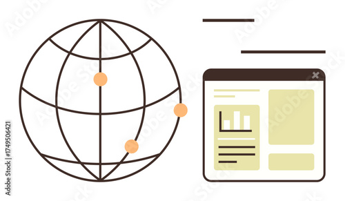Globe with connected points next to a browser window displaying data charts and texts. Ideal for global communication, networking, analytics, technology, online platforms, education, business