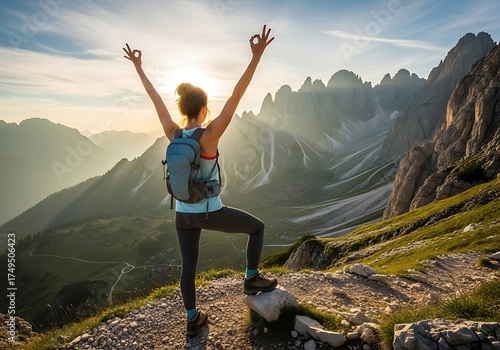 Womans Triumph - Conquering Mountain Peak with Joyful Gesture.