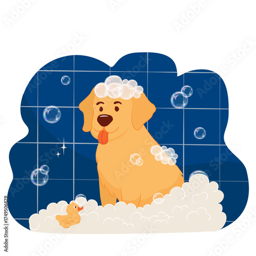 Cute dogs taking with soap foam, bubbles. Shampoo. Pet product for washing and hygiene of coat. Vector illustration in cartoon style. Hand drawn doodle pet grooming salon. Isolated white background.  