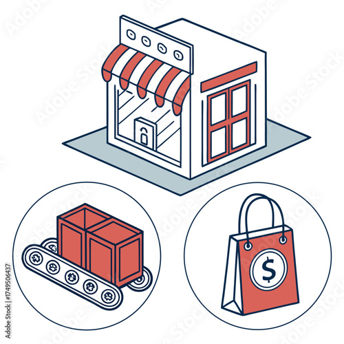 Isometric icons of a store, conveyor belt with box, and shopping bag Keywords: store, shop, retail