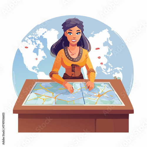 Woman planning trip on world map at desk