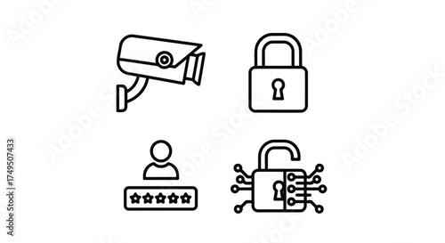Vector illustration of security and privacy icons featuring cctv camera, padlock, login, and digital lock, representing surveillance, protection, and access control