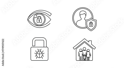 Vector illustration of security and privacy icons set includes icons for secure browsing, personal data protection, bug scan, and family safety, ensuring comprehensive digital protection