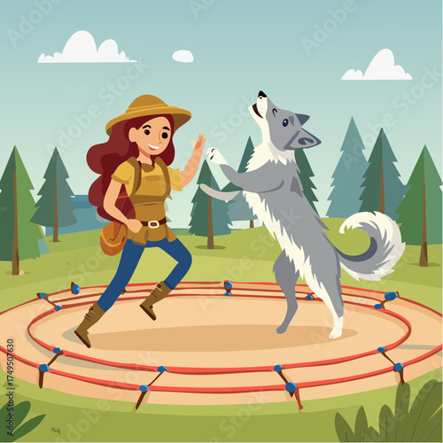 Woman training wolf in outdoor enclosure