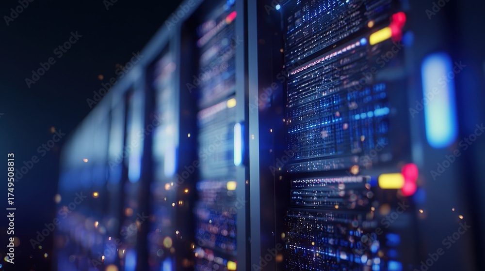 Obraz premium rack. Close-up of glowing blue server rack lights creating an abstract technological pattern on a dark background. product launch decks.