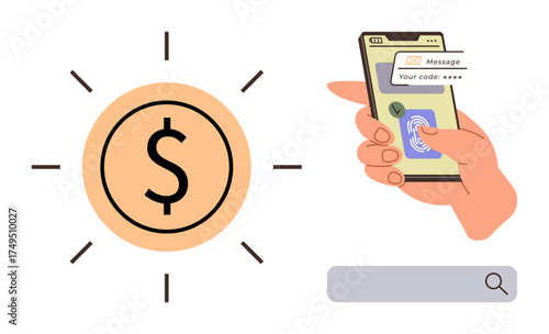 Hand holding smartphone with secure code message and fingerprint icon. Dollar sign on adjacent symbol. Ideal for financial security, online banking, digital wallet, e-commerce, cybersecurity