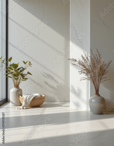 Minimalist Interior with Sunlight and Vases