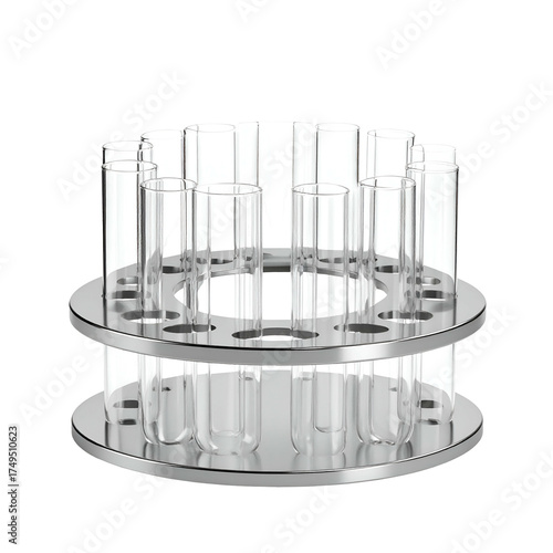 A circular metal rack holds many clear glass test tubes. Isolated on black