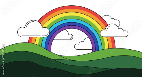 A vibrant illustration of a rainbow arching over rolling green hills with fluffy white clouds.