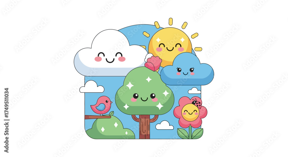 Obraz premium Cute cartoon illustration of a sunny day with clouds, a tree, a flower, and a bird.