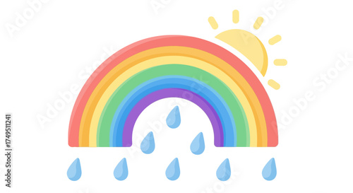 Colorful rainbow with a bright sun and falling raindrops on a white background, representing weather.