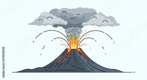 Illustration of a volcanic eruption with smoke, lava, and water droplets in a flat design.