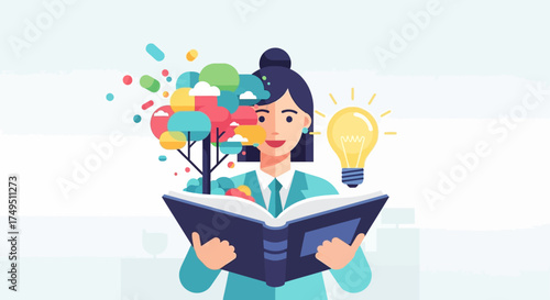 Woman reading a book with colorful illustrations and a lightbulb.