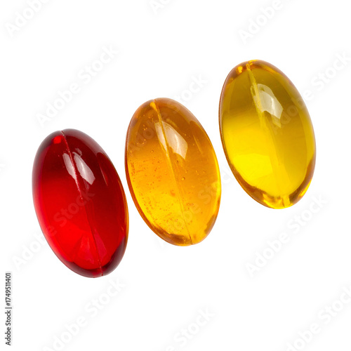 Three colorful, translucent, oval capsules are displayed against a stark black background