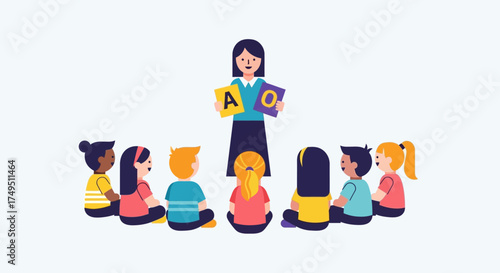 A teacher is holding alphabet blocks with letters A and O to a group of diverse young children sitting in a circle.