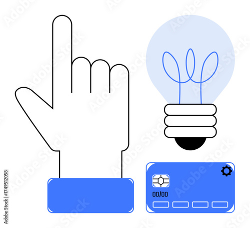 Hand pointing upward next to a light bulb and chip card interface suggesting creativity, innovation, and technology. Ideal for ideas, payment systems, digital solutions, interface design, fintech